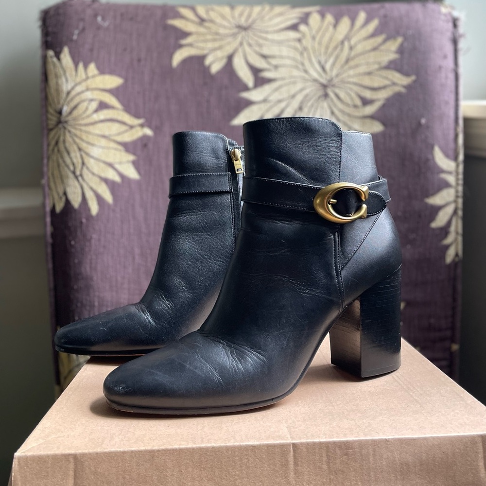 Coach buckle heel bootie